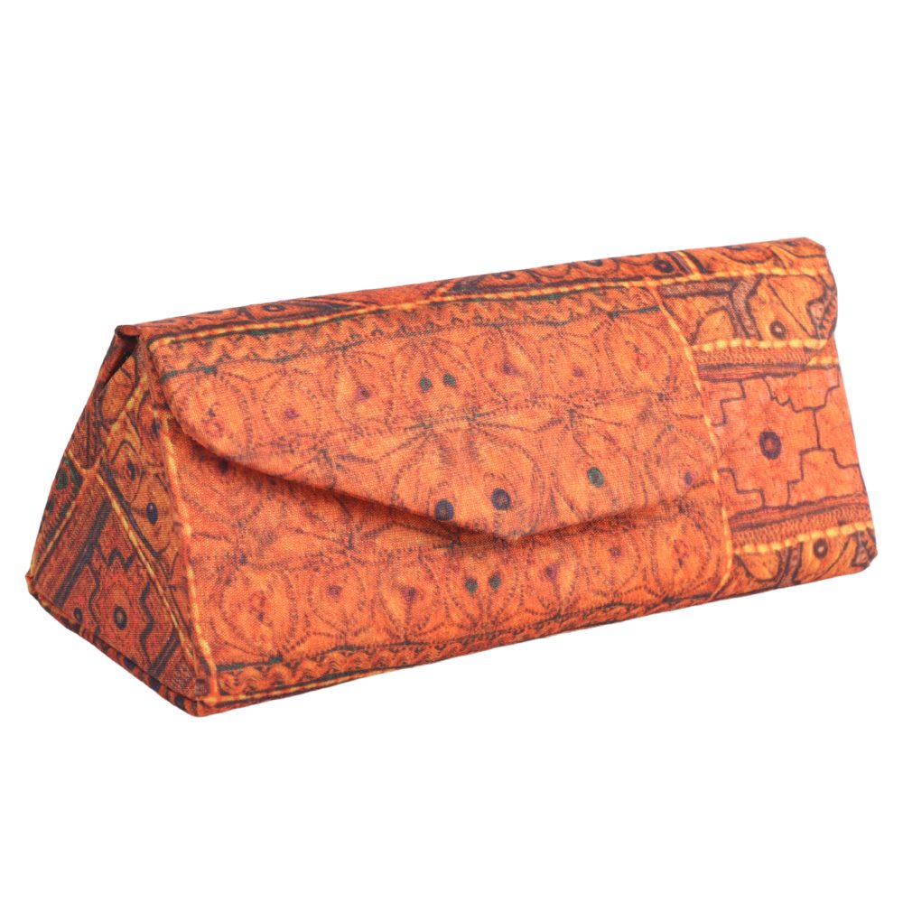INDHA Eyewear Case | Handcrafted Eyewear Case | Orange Dupion Silk Eyewear Case | Black Indian Ethnic Traditional Design Pattern Digitally Printed | Handmade Eyewear Case | Gifting |