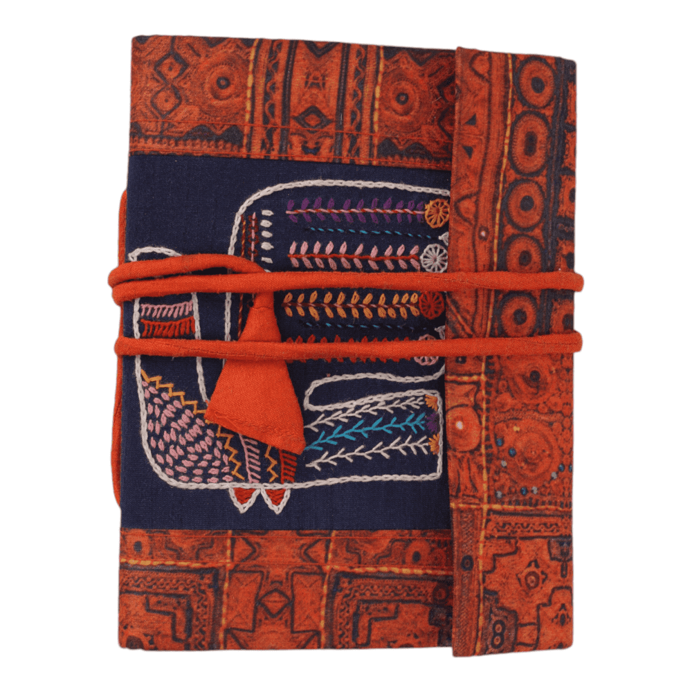INDHA Handcrafted Recycle Paper Bahi Diary | Eco Friendly Diary | Gifting | Sustainable Corporate Gifting| Handmade Diary | Peacock Embroidery Diary |Kutch embroidery Print Silk Fabric.