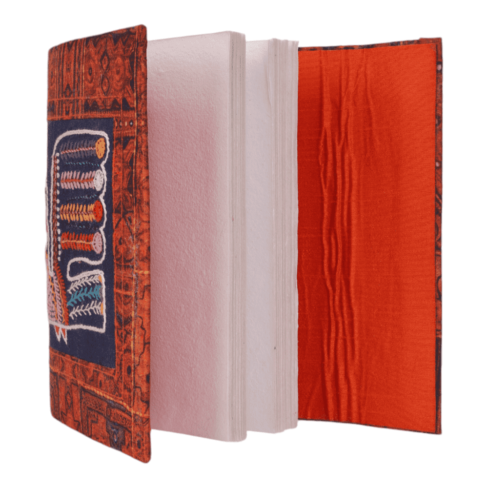 INDHA Handcrafted Recycle Paper Bahi Diary | Eco Friendly Diary | Gifting | Sustainable Corporate Gifting| Handmade Diary | Peacock Embroidery Diary |Kutch embroidery Print Silk Fabric.