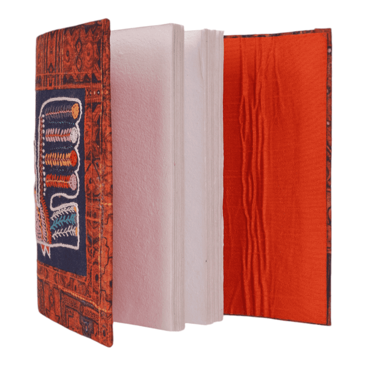 INDHA Handcrafted Recycle Paper Bahi Diary | Eco Friendly Diary | Gifting | Sustainable Corporate Gifting| Handmade Diary | Peacock Embroidery Diary |Kutch embroidery Print Silk Fabric.