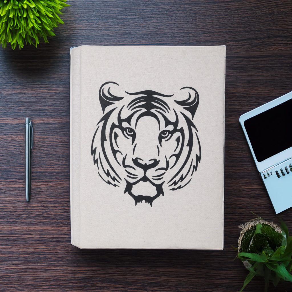 Indha Tiger Face Print Cotton File Folder | Eco-Friendly Office Accessory | Majestic Tiger Motif | Sustainable and Stylish | Wild Tiger Print File Folder | Perfect for Corporate and Gifting | Monochromatic Tiger Art |
