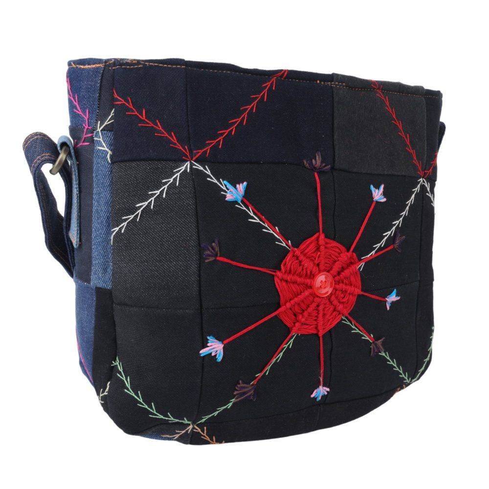 Indha Denim Patchwork Blue Sling Bag with Crochet Flower Motif | Eco-Friendly Fashion | Handmade Denim Patchwork | Shoulder Bag with Flower Embellishment | Sustainable Style | Crafted Denim Sling Bag | Crochet Flower Design | Perfect for Gifting