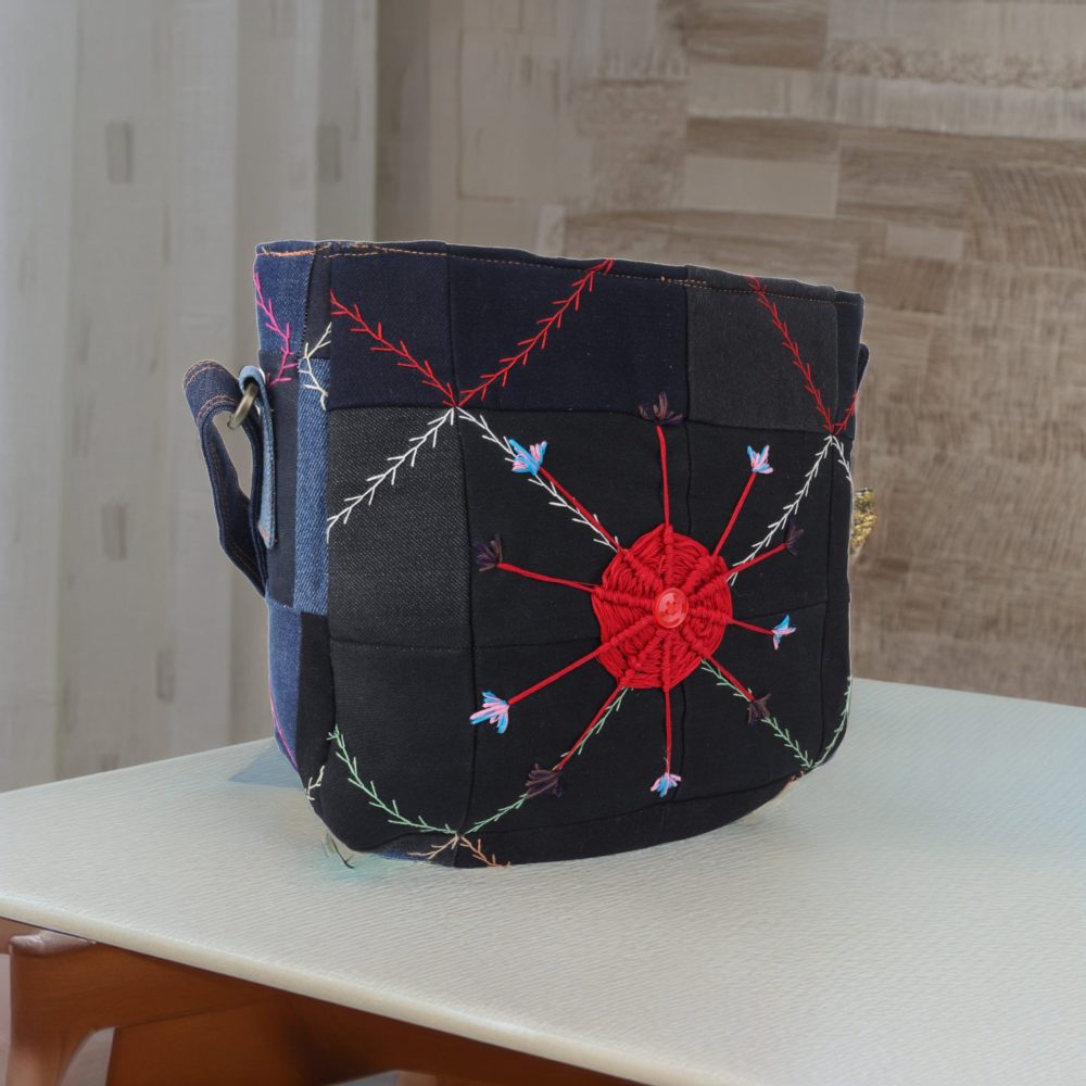 Indha Denim Patchwork Blue Sling Bag with Crochet Flower Motif | Eco-Friendly Fashion | Handmade Denim Patchwork | Shoulder Bag with Flower Embellishment | Sustainable Style | Crafted Denim Sling Bag | Crochet Flower Design | Perfect for Gifting