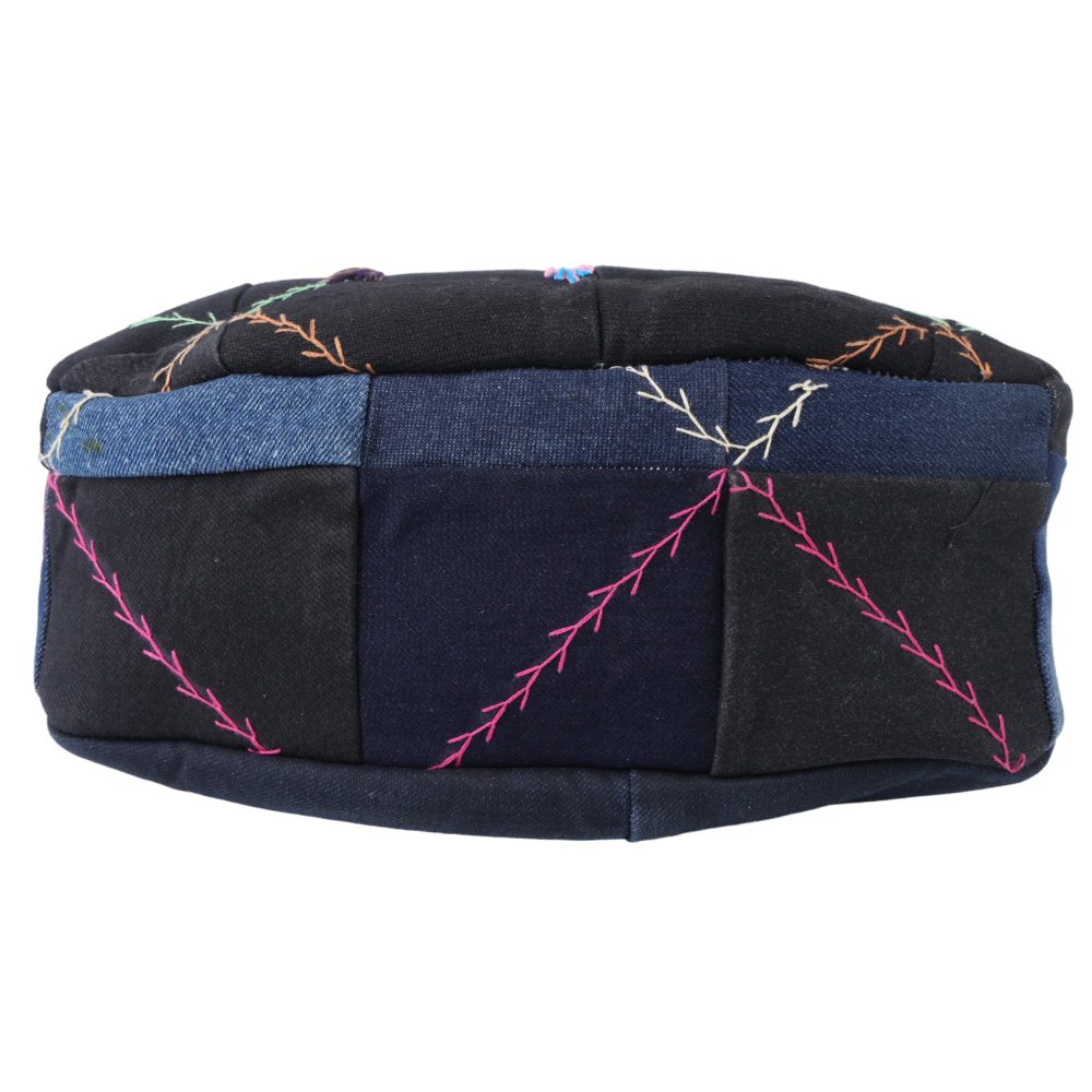 Indha Denim Patchwork Blue Sling Bag with Crochet Flower Motif | Eco-Friendly Fashion | Handmade Denim Patchwork | Shoulder Bag with Flower Embellishment | Sustainable Style | Crafted Denim Sling Bag | Crochet Flower Design | Perfect for Gifting