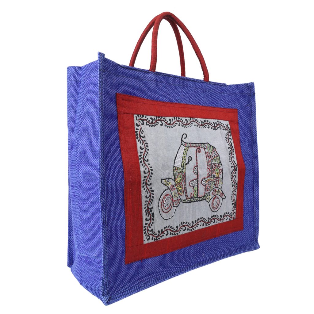 Indha Hand Embroidered Auto Motif Blue Jute Gift Bag | Sustainable Chic for Every Occasion | Auto Motif Blue Jute Carry Bag |