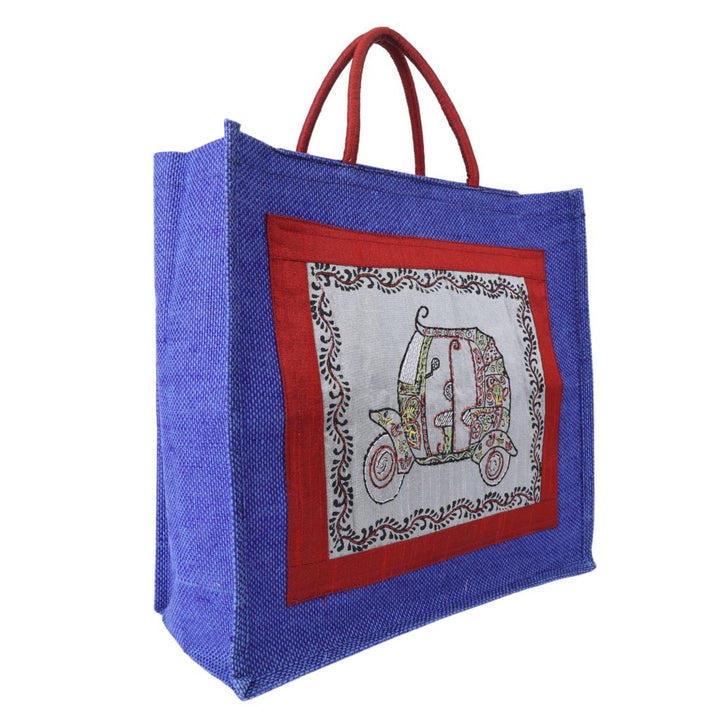 Indha Hand Embroidered Auto Motif Blue Jute Gift Bag | Sustainable Chic for Every Occasion | Auto Motif Blue Jute Carry Bag |