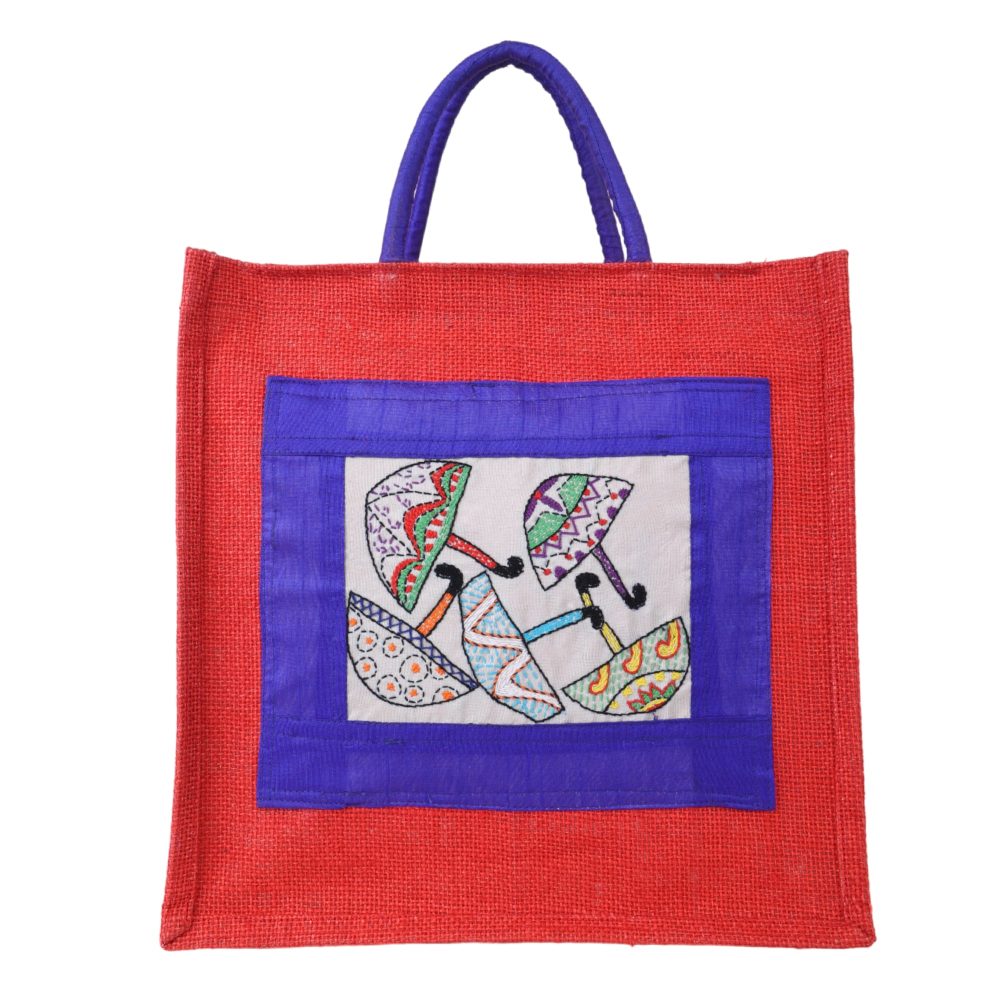 Indha Hand Embroidered Umbrella Motif Blue Jute Gift Bag | Sustainable Chic for Every Occasion | Jute Carry Bag |