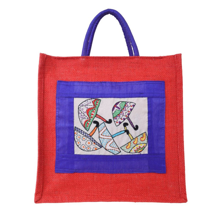 Indha Hand Embroidered Umbrella Motif Blue Jute Gift Bag | Sustainable Chic for Every Occasion | Jute Carry Bag |