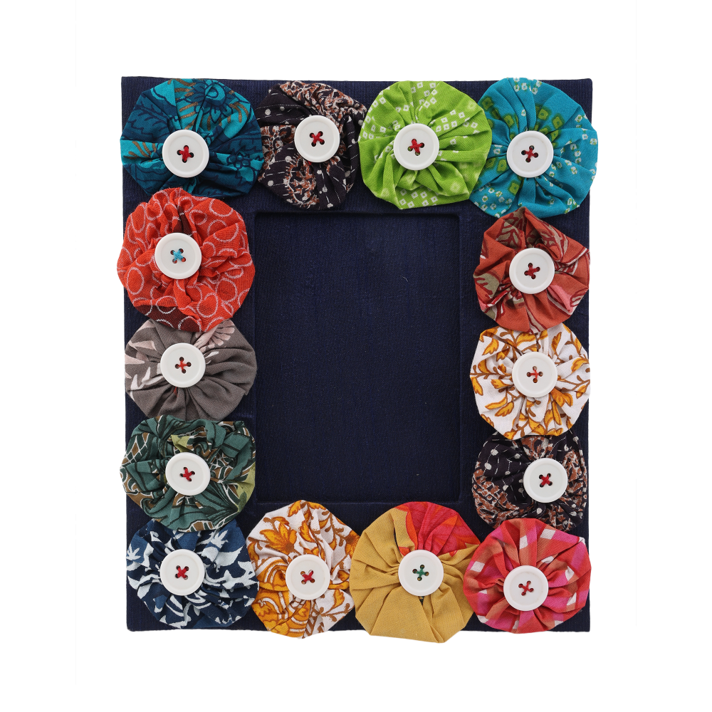 Indha Handcrafted Photo Frame | Navy Blue Dupion Silk Photo Frame | Unique Design Photo Frame | Picture Frame | Sustainable Multicolor Cotton Photo Frame |