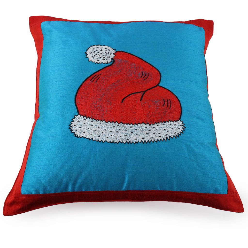 INDHA Cushion Cover with Hand-embroidered Santa’s hat design | Sky Blue and Red Dupion Silk | 20.0 x 20.0 Inches Cushion Cover | Throw Cushion Cover | Home Furnishing |