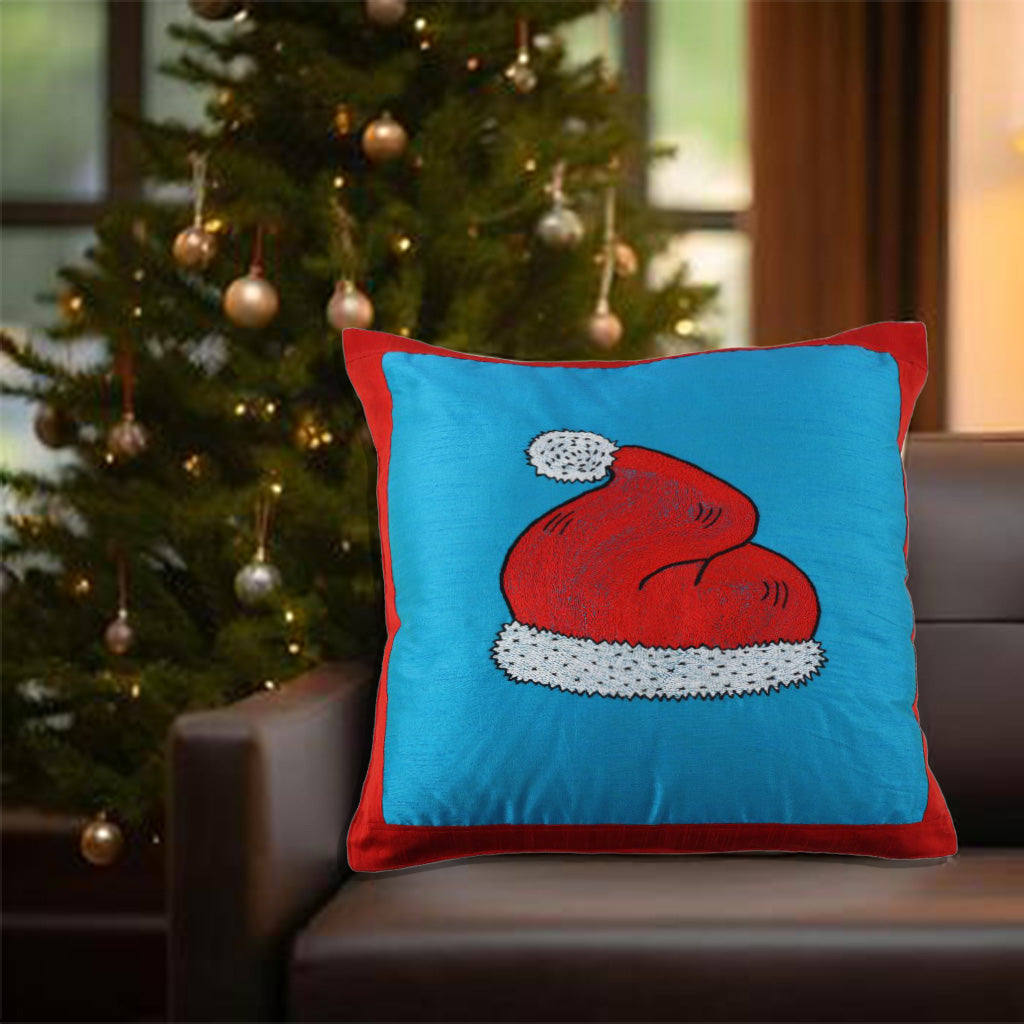 INDHA Cushion Cover with Hand-embroidered Santa’s hat design | Sky Blue and Red Dupion Silk | 20.0 x 20.0 Inches Cushion Cover | Throw Cushion Cover | Home Furnishing |