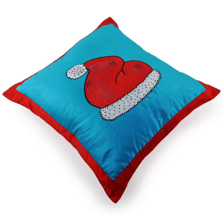 INDHA Cushion Cover with Hand-embroidered Santa’s hat design | Sky Blue and Red Dupion Silk | 20.0 x 20.0 Inches Cushion Cover | Throw Cushion Cover | Home Furnishing |