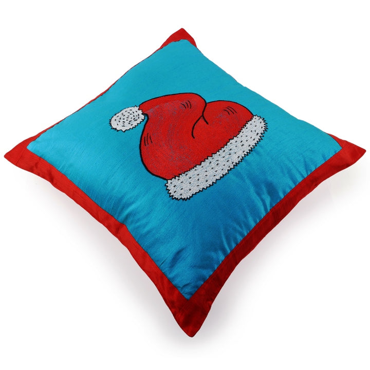 INDHA Cushion Cover with Hand-embroidered Santa’s hat design | Sky Blue and Red Dupion Silk | 20.0 x 20.0 Inches Cushion Cover | Throw Cushion Cover | Home Furnishing |