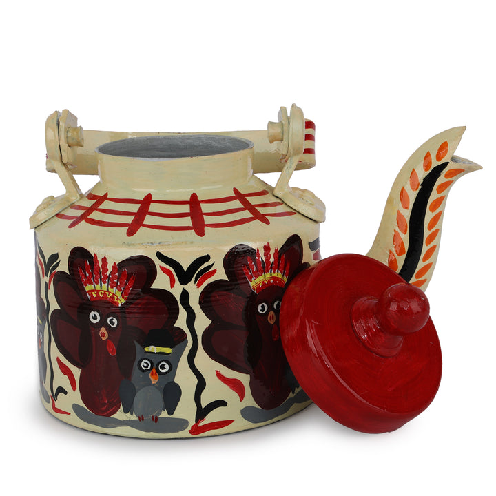 INDHA Off-White Handpainted Aluminium Decorative Kettle With Owl Print | Handpainted Décor | Home Décor | Home Utility | Living Room Décor | Gifting | Décor | Kitchen Utility