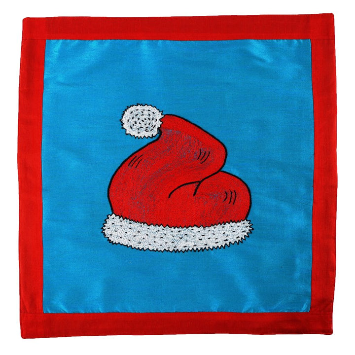 INDHA Cushion Cover with Hand-embroidered Santa’s hat design | Sky Blue and Red Dupion Silk | 20.0 x 20.0 Inches Cushion Cover | Throw Cushion Cover | Home Furnishing |