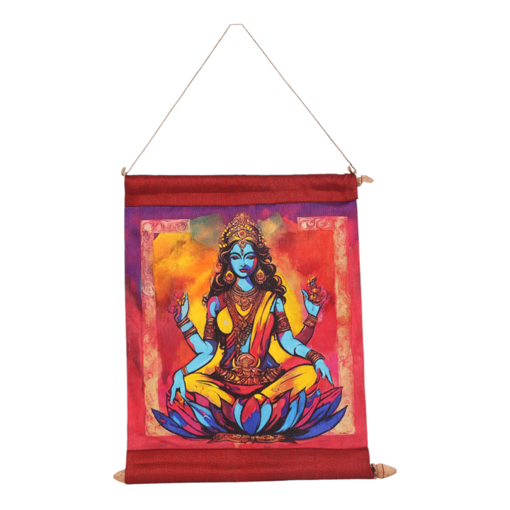 Indha Divine Blessings Mixed Media Art Scroll set of two on Silk – Handcrafted Print of Goddess Laxmi and Lord Ganesh, a Sacred Artwork for Prosperity, Spiritual Blessings, and Elegant Home Decor.