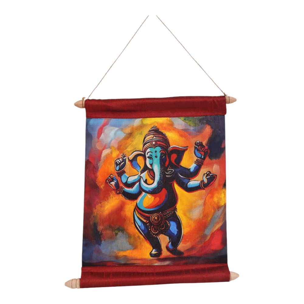 Indha Divine Blessings Mixed Media Art Scroll set of two on Silk – Handcrafted Print of Goddess Laxmi and Lord Ganesh, a Sacred Artwork for Prosperity, Spiritual Blessings, and Elegant Home Decor.