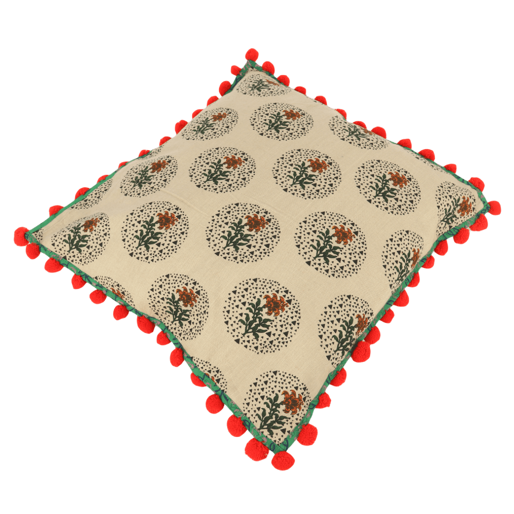 Indha Hand Block-Printed Cushion Cover Flower-Print | 16X16 Cushion Cover Set of 2 | Cotton Cushion Cover | Home Furnishing | Home Decor | Corporate Gifting