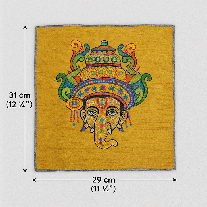 Ganpati Bappa Hand Embroidery Panel – Sacred Decor on Dupion Silk | Spiritual Art | DIY | Festive Gift