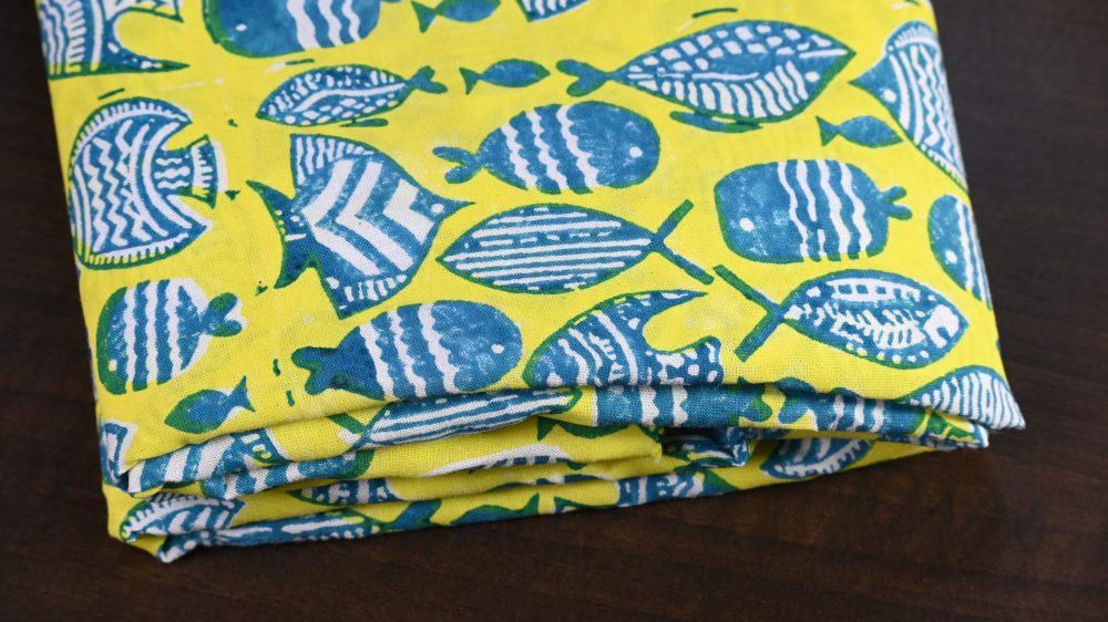 INDHA Hand Block-Printed Jaipuri Cotton Fabric Lemon Green | Fishes Family Motif  Fabric | Hand Block Printed Fabric | Home Utility | Fashion Utility | Gifting | Gifts For Him | Gifts For Her | Home Furnishing | 3 Meter X 42-44 Wide