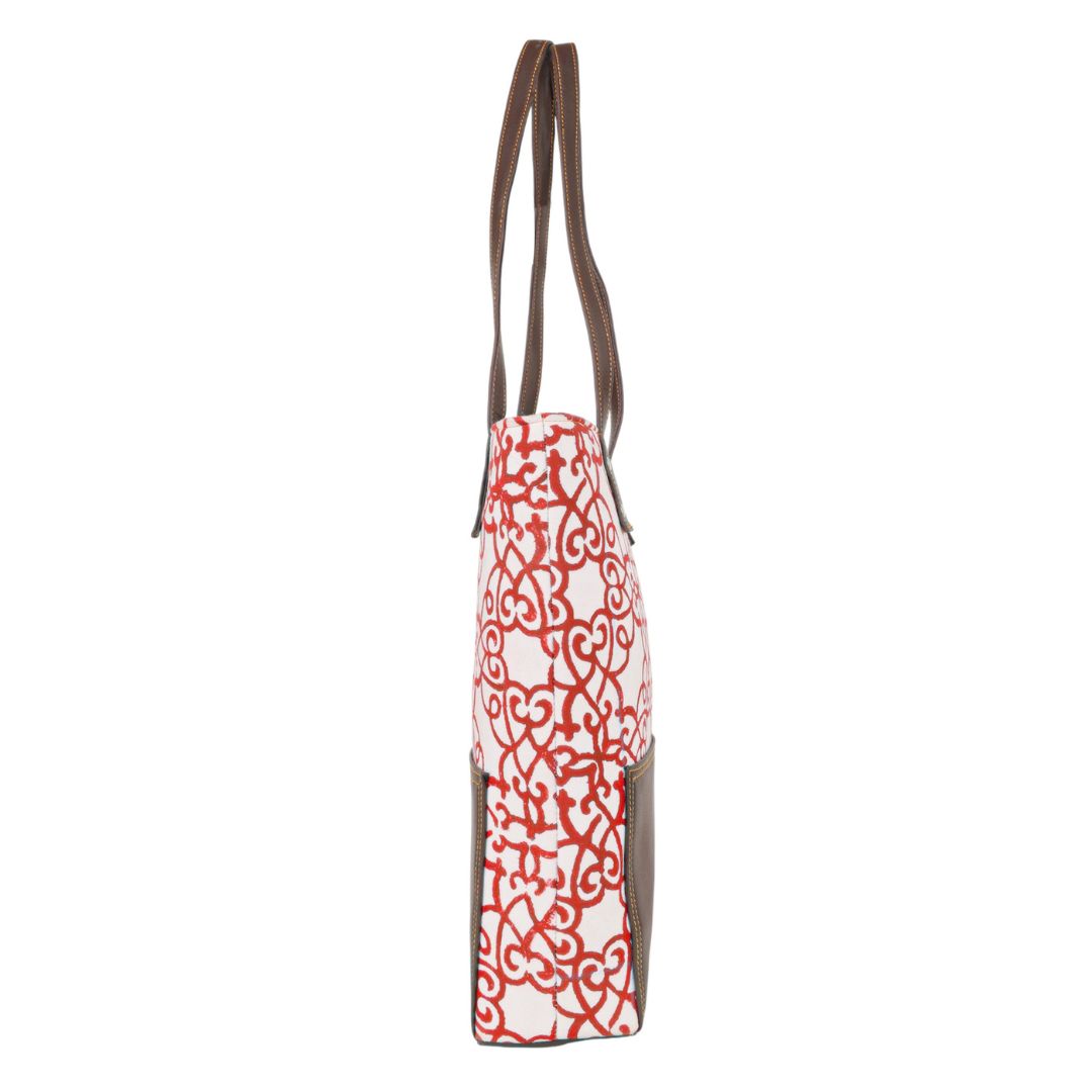 Handmade Cotton Tote Bag | Red Motif Hand Block Print | Everyday Shoulder Bag