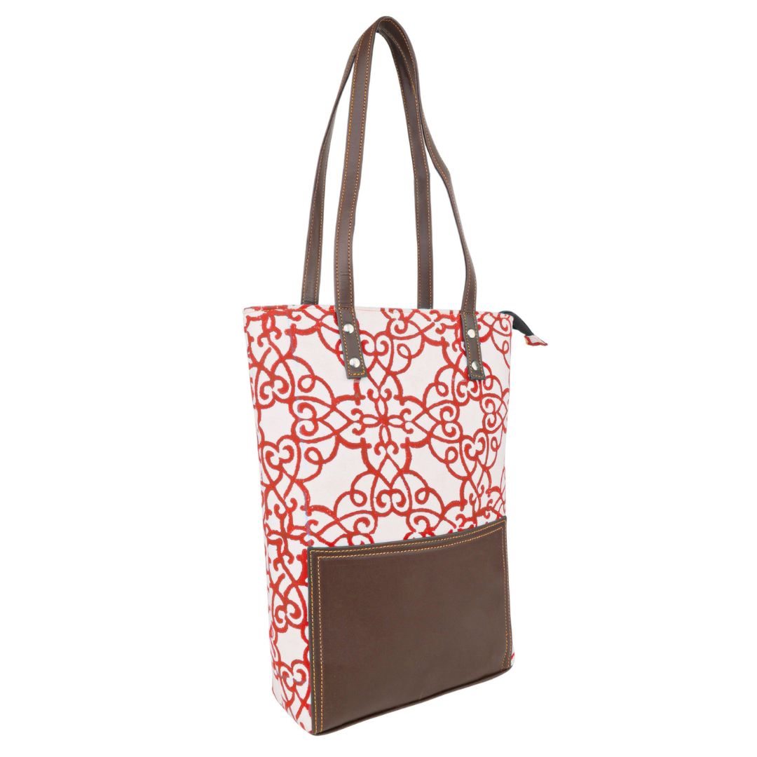 Handmade Cotton Tote Bag | Red Motif Hand Block Print | Everyday Shoulder Bag