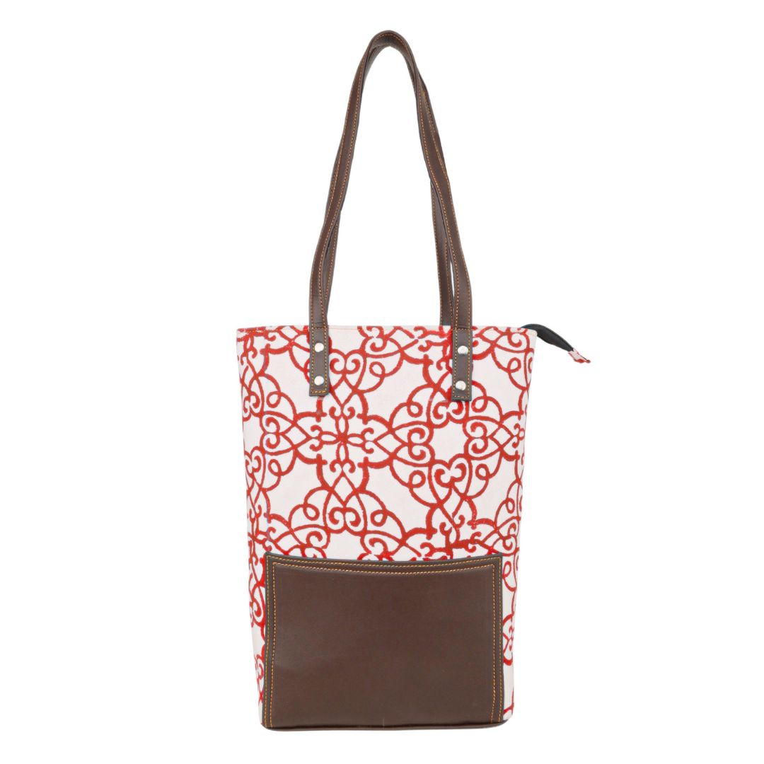Handmade Cotton Tote Bag | Red Motif Hand Block Print | Everyday Shoulder Bag