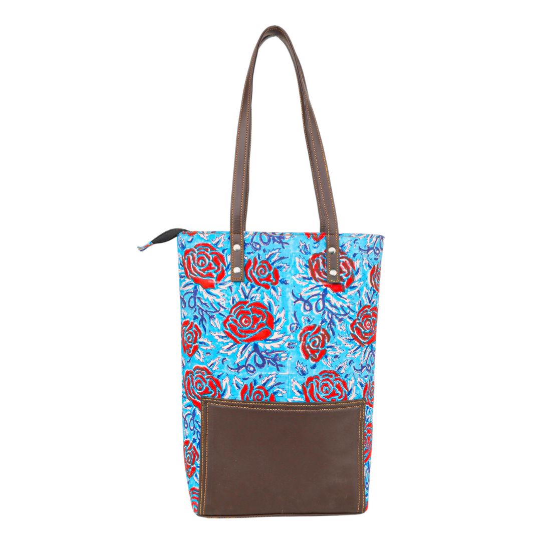 Hand Block Printed Cotton Tote Bag | Red-Blue Floral Pattern  | Hand Block Print | Everyday Shoulder Bag
