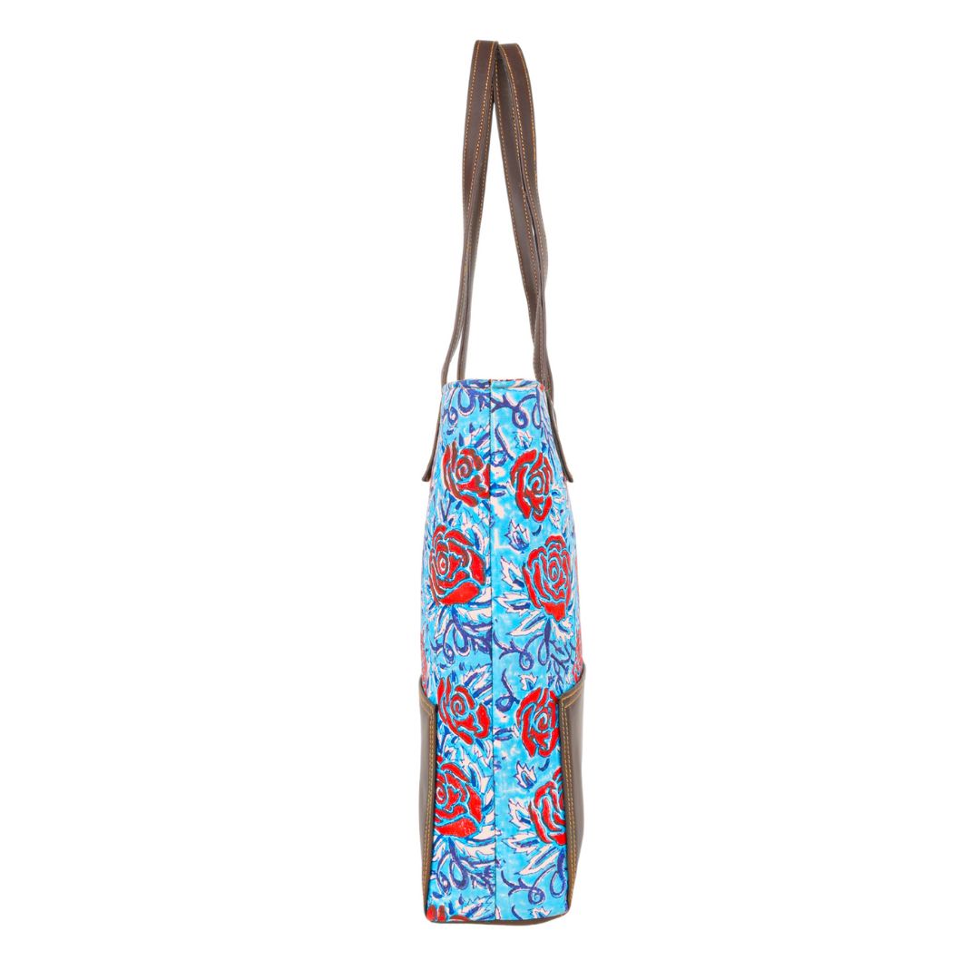 Hand Block Printed Cotton Tote Bag | Red-Blue Floral Pattern  | Hand Block Print | Everyday Shoulder Bag
