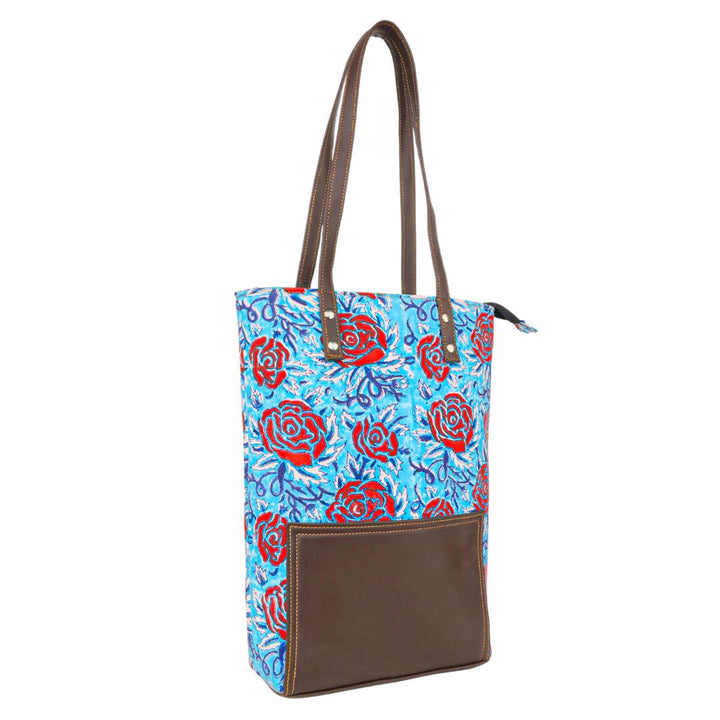 Hand Block Printed Cotton Tote Bag | Red-Blue Floral Pattern  | Hand Block Print | Everyday Shoulder Bag