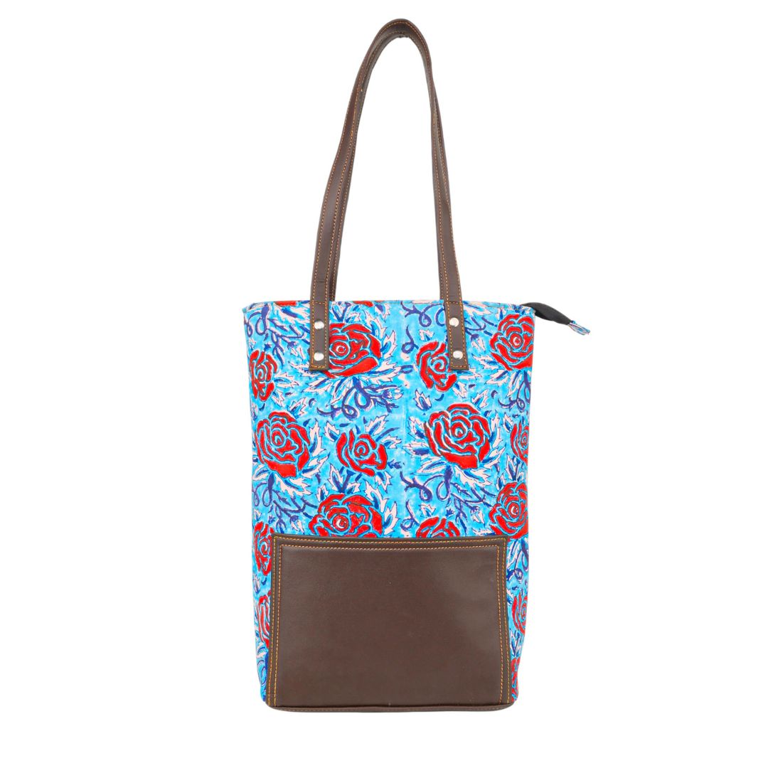 Hand Block Printed Cotton Tote Bag | Red-Blue Floral Pattern  | Hand Block Print | Everyday Shoulder Bag