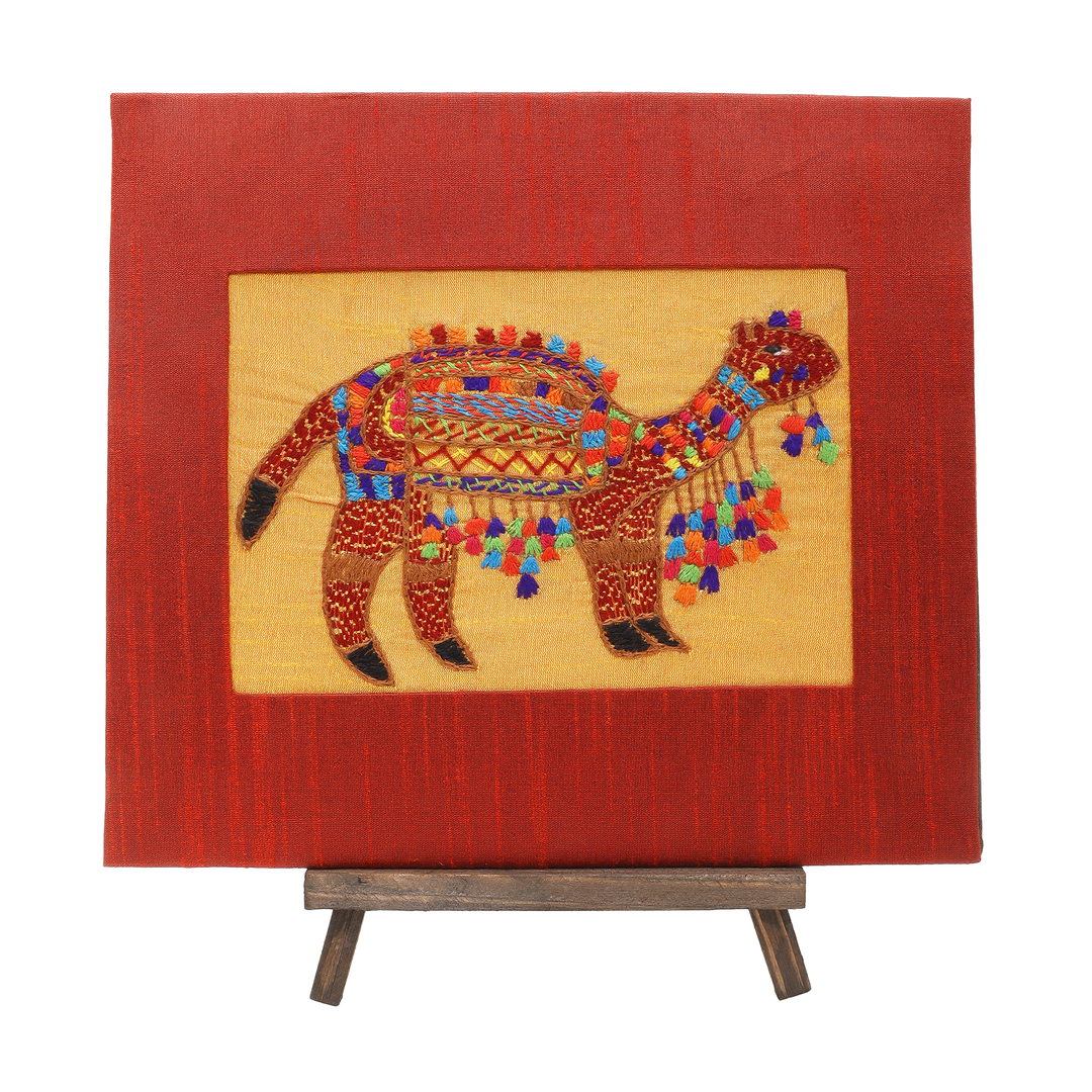 Indha Hand-Embroidered Rajasthani Desert Camel – Silk Textile Art with Mini Wooden Easel| Indian handmade Gift