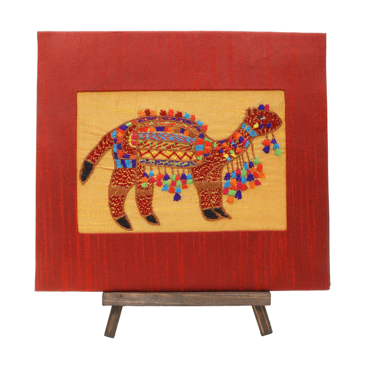 Indha Hand-Embroidered Rajasthani Desert Camel – Silk Textile Art with Mini Wooden Easel| Indian handmade Gift
