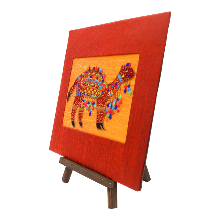 Indha Hand-Embroidered Rajasthani Desert Camel – Silk Textile Art with Mini Wooden Easel| Indian handmade Gift