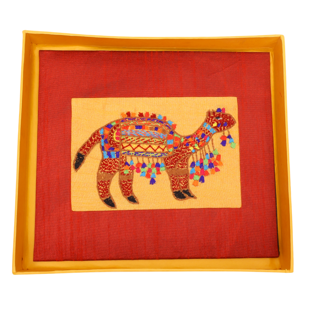 Indha Hand-Embroidered Rajasthani Desert Camel – Silk Textile Art with Mini Wooden Easel| Indian handmade Gift