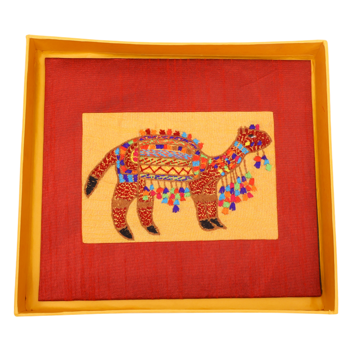 Indha Hand-Embroidered Rajasthani Desert Camel – Silk Textile Art with Mini Wooden Easel| Indian handmade Gift