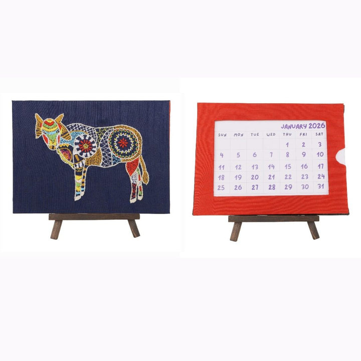 Indha Handcrafted Tabletop Easel Stand Calendar — Hand-Embroidered Cow Motif