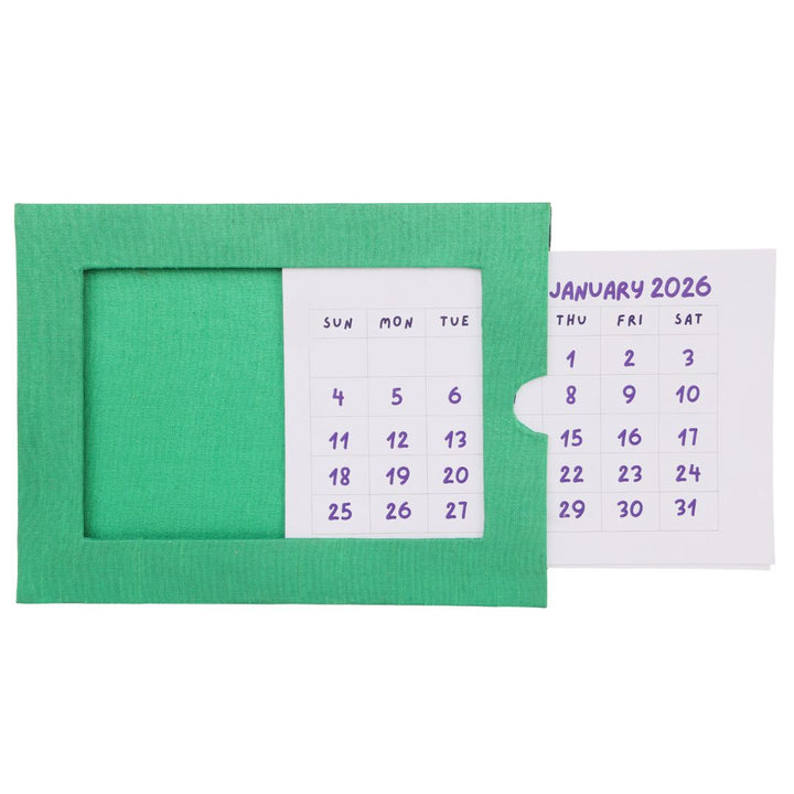 Indha Handcrafted Tabletop Easel Stand Calendar — Hand-Embroidered Cow Motif