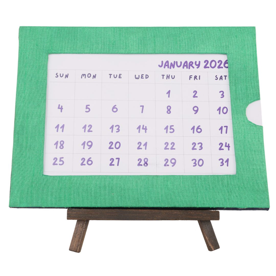 Indha Handcrafted Tabletop Easel Stand Calendar — Hand-Embroidered Cow Motif