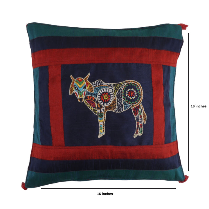 Indha Hand Embroidered Cushion Cover Cow Embroidery | Dupion Silk Cushion Cover |  Corporate Gifting | Home Furnishing | Home Improvement | Home Decor | Set of 2,16x16 Inches Cushion Cover
