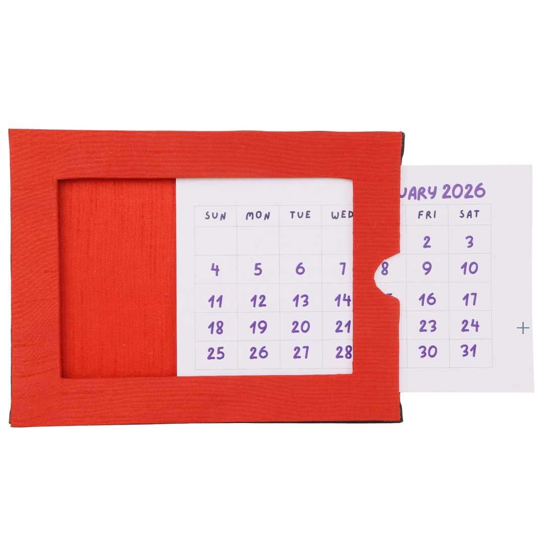 Indha Handcrafted Tabletop Easel Stand Calendar with Hand Embroidered Cycle Motif | 12-Month Desk Calendar