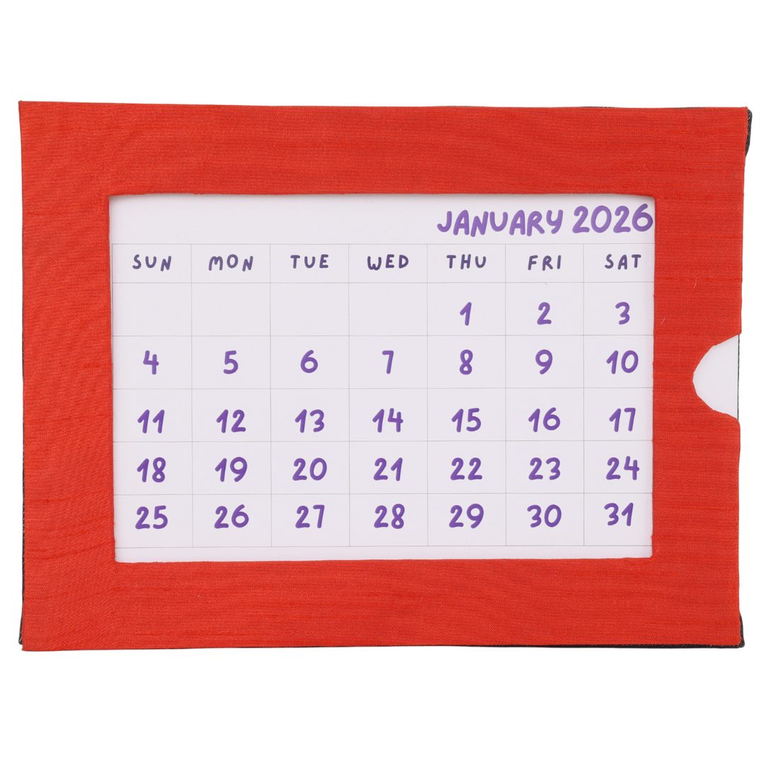 Indha Handcrafted Tabletop Easel Stand Calendar with Hand Embroidered Cycle Motif | 12-Month Desk Calendar