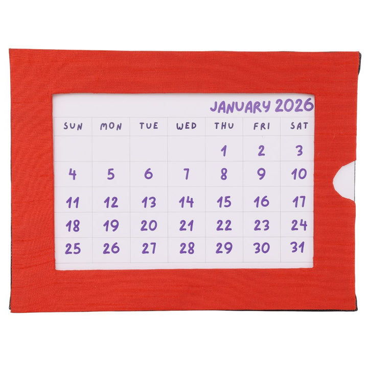 Indha Handcrafted Tabletop Easel Stand Calendar with Hand Embroidered Cycle Motif | 12-Month Desk Calendar