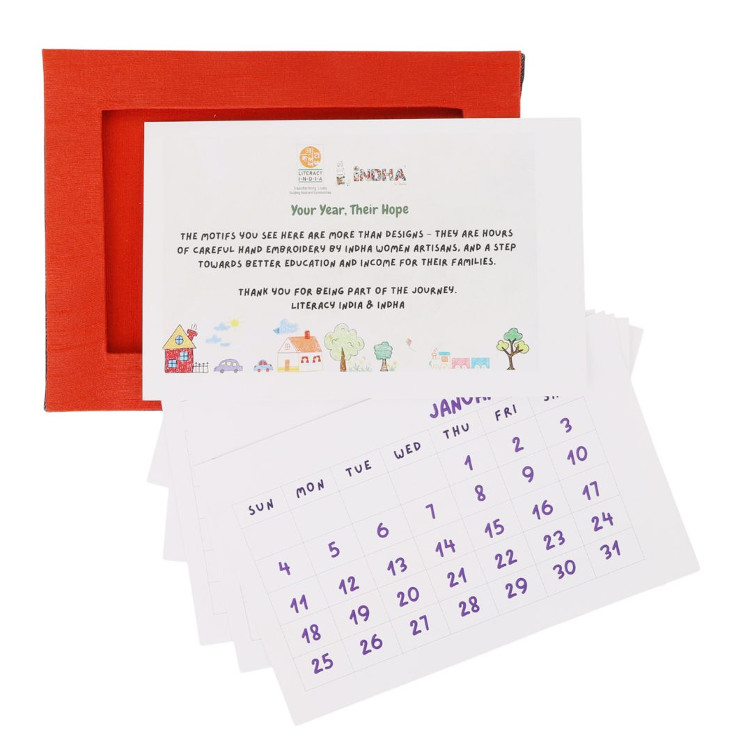 Indha Handcrafted Tabletop Easel Stand Calendar with Hand Embroidered Cycle Motif | 12-Month Desk Calendar