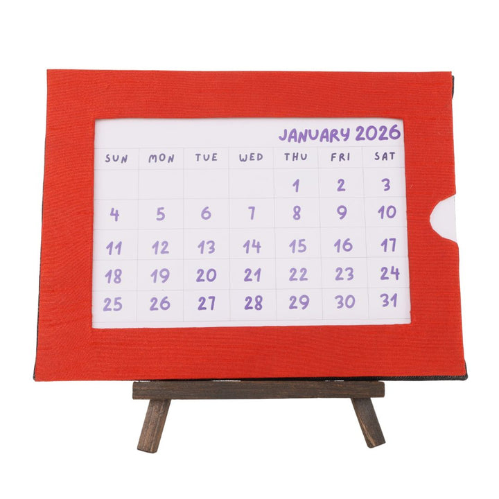 Indha Handcrafted Tabletop Easel Stand Calendar with Hand Embroidered Cycle Motif | 12-Month Desk Calendar