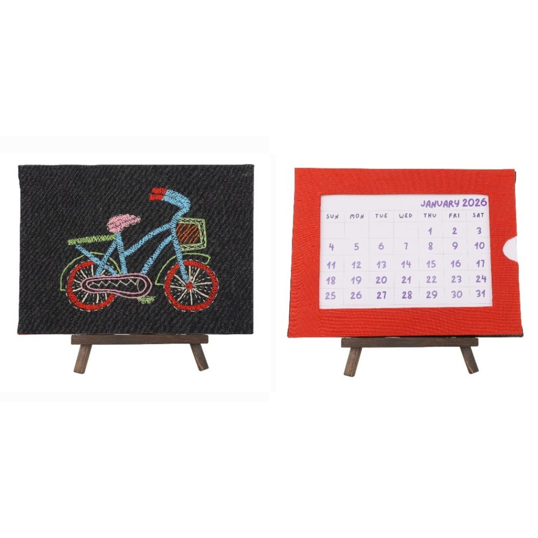 Indha Handcrafted Tabletop Easel Stand Calendar with Hand Embroidered Cycle Motif | 12-Month Desk Calendar