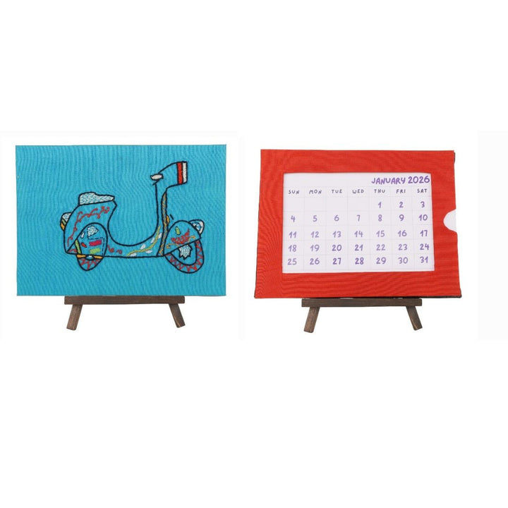 Indha Handcrafted Tabletop Easel Stand Calendar — Retro Scooter Motif (Vespa-era charm)