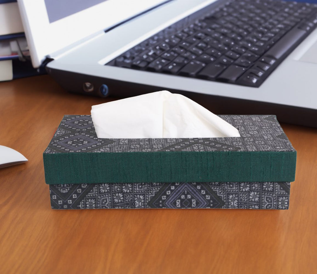 Indha Tissue Box | Handcrafted Tissue Box Black &amp; Grey | Black and Green Dupion Silk Tissue Box | Mild Grey Ethnic Geometric Pattern Design Digitally Printed | 50 Papers Tissue Box |