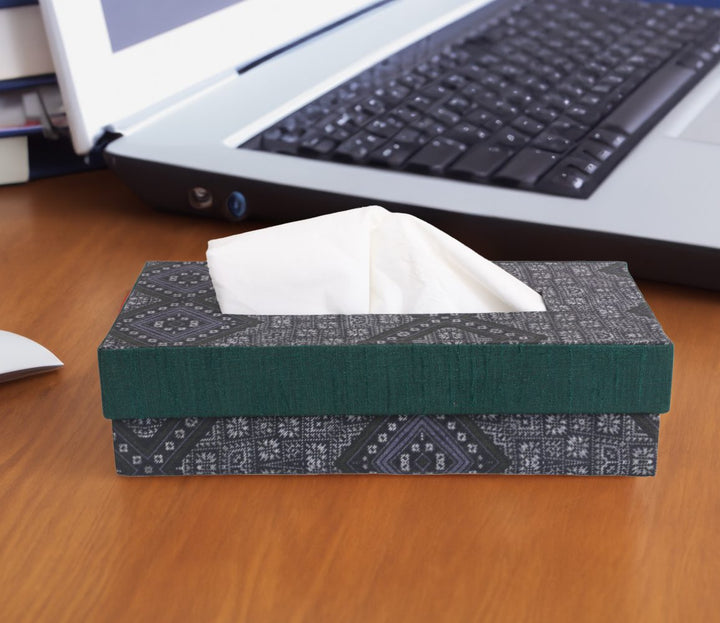 Indha Tissue Box | Handcrafted Tissue Box Black &amp; Grey | Black and Green Dupion Silk Tissue Box | Mild Grey Ethnic Geometric Pattern Design Digitally Printed | 50 Papers Tissue Box |