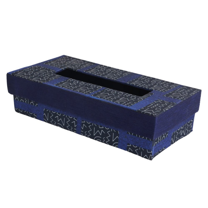 Indha Tissue Box | Handcrafted Tissue Paper Box Black &amp; Blue | Black &amp; Blue Dupion Silk Tissue Box | White And Blue Abstract Line Pattern Design Digitally Printed | 50 Papers Tissue Box |
